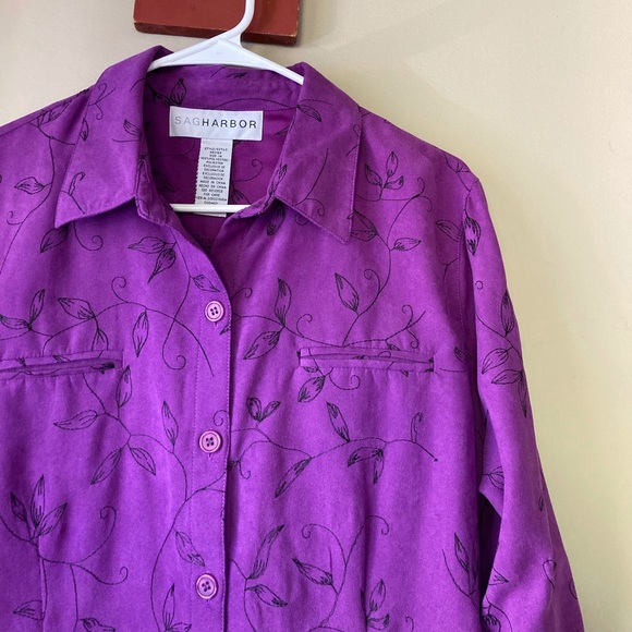 Vintage Sag Harbor Purple & Black Floral Embroidered Button Down Suede Top 14 - Picture 3 of 7